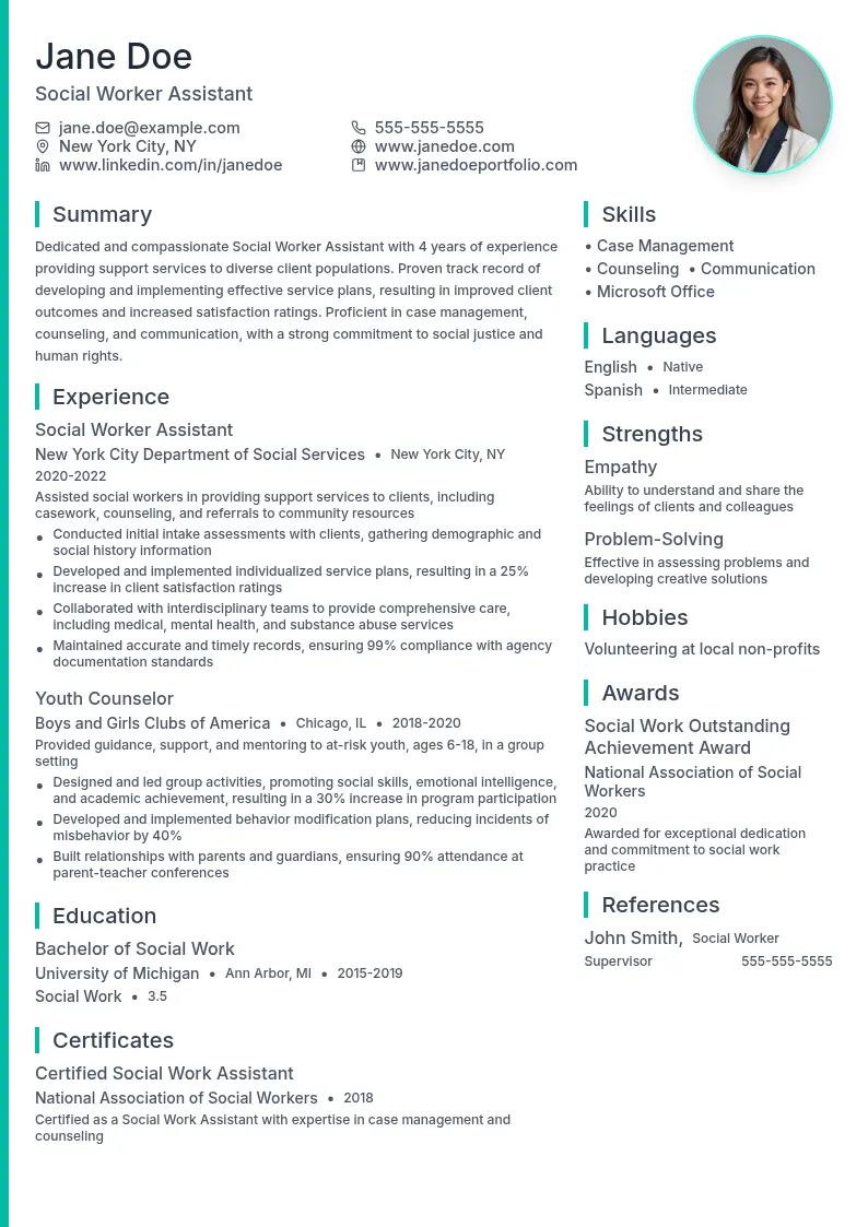 Social Worker Assistant resume example