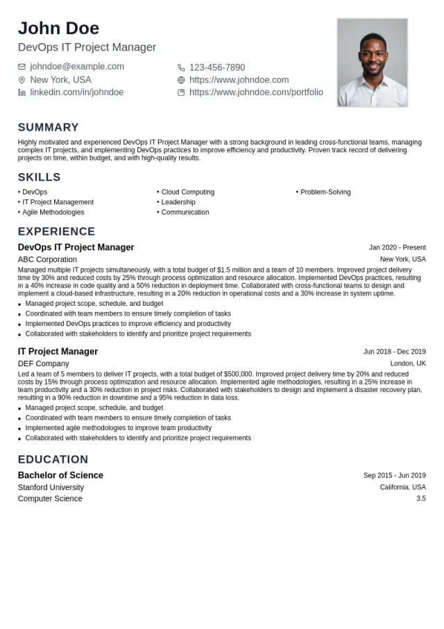 DevOps IT Project Manager resume example
