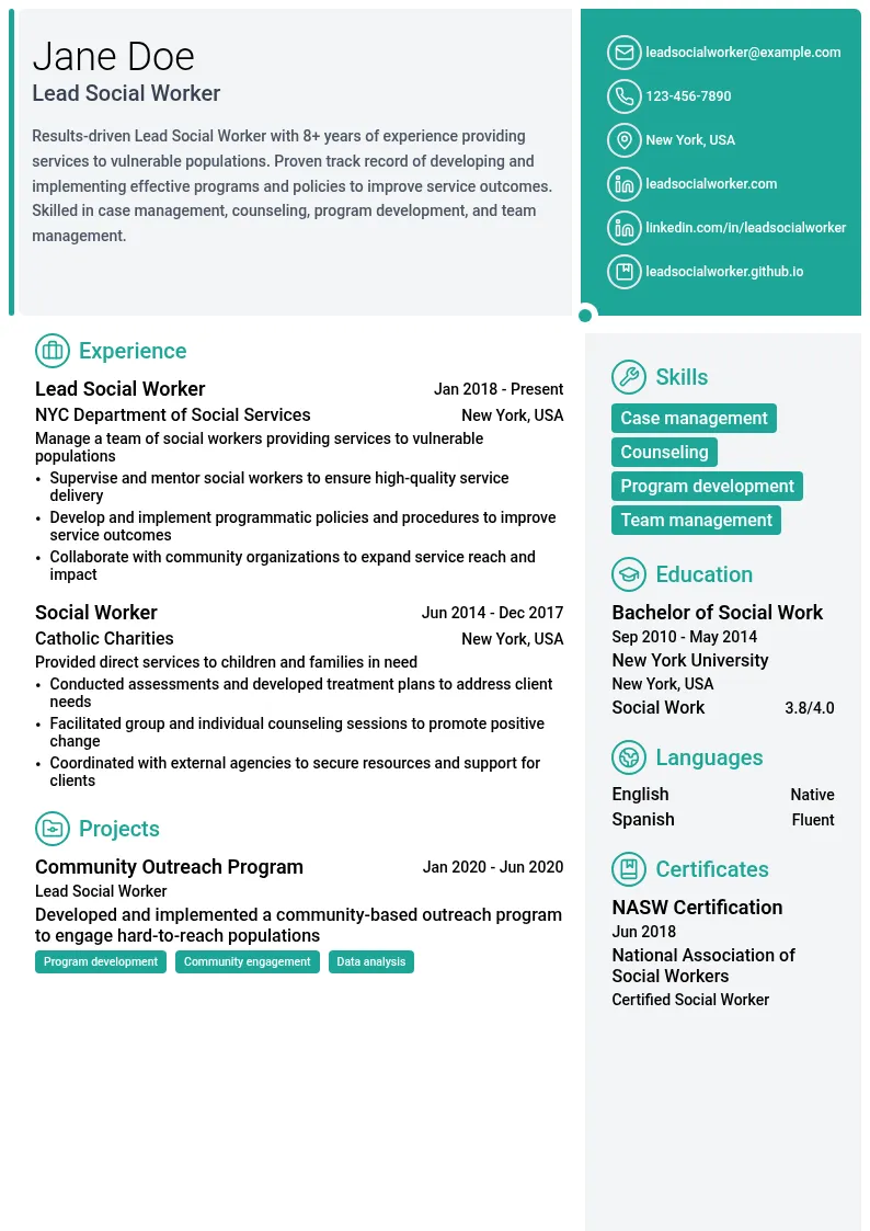 Lead Social Worker resume example
