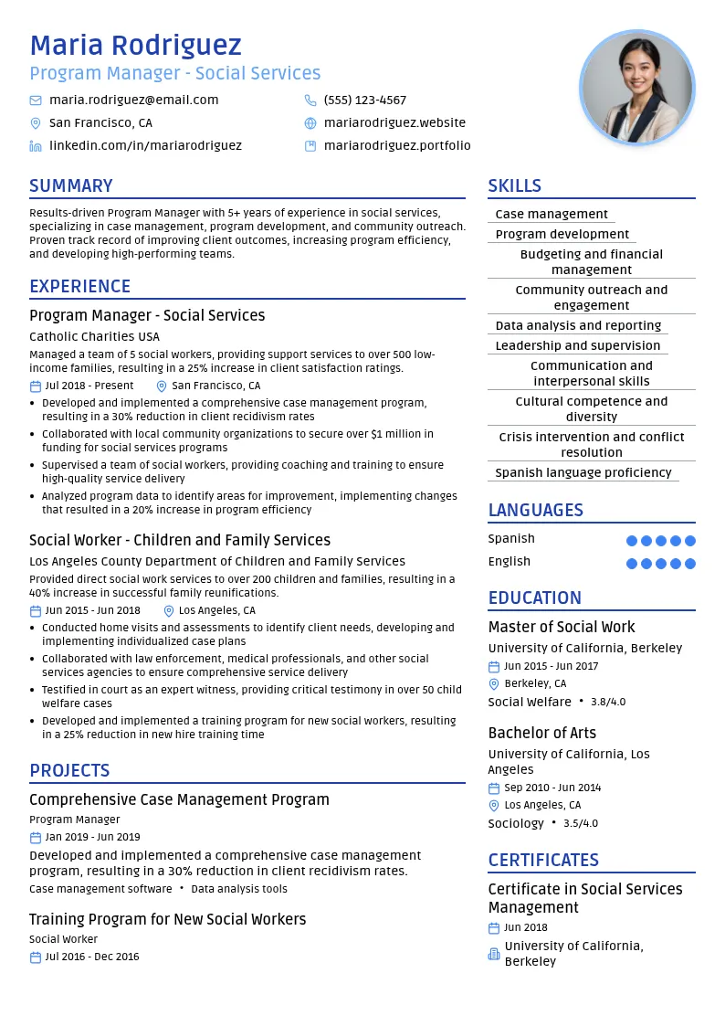 Program Manager - Social Services resume example