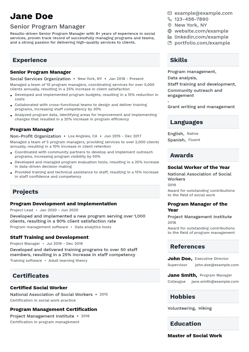 Senior Program Manager - Social Services resume example