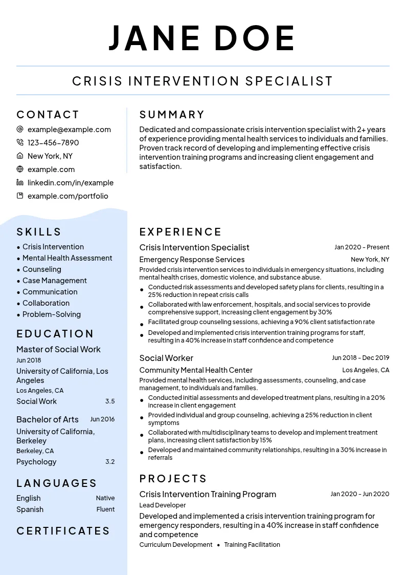 Crisis Intervention Specialist resume example