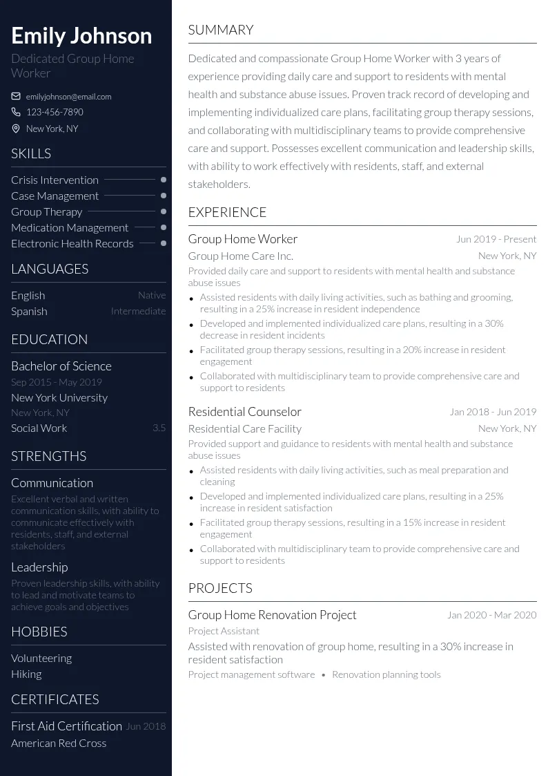 Group Home Worker resume example
