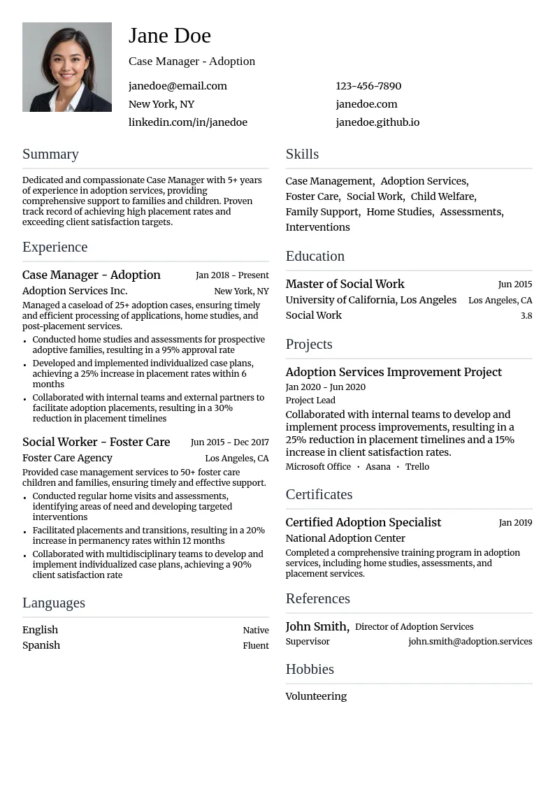 Case Manager - Adoption resume example
