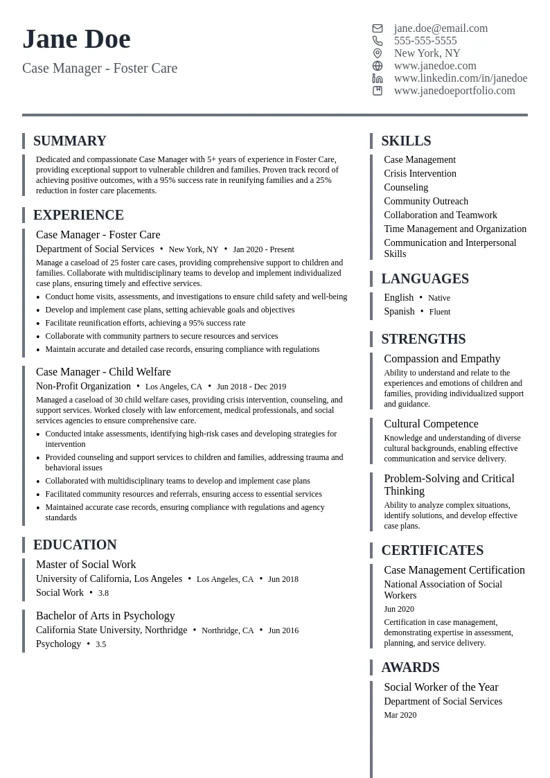 Case Manager - Foster Care resume example