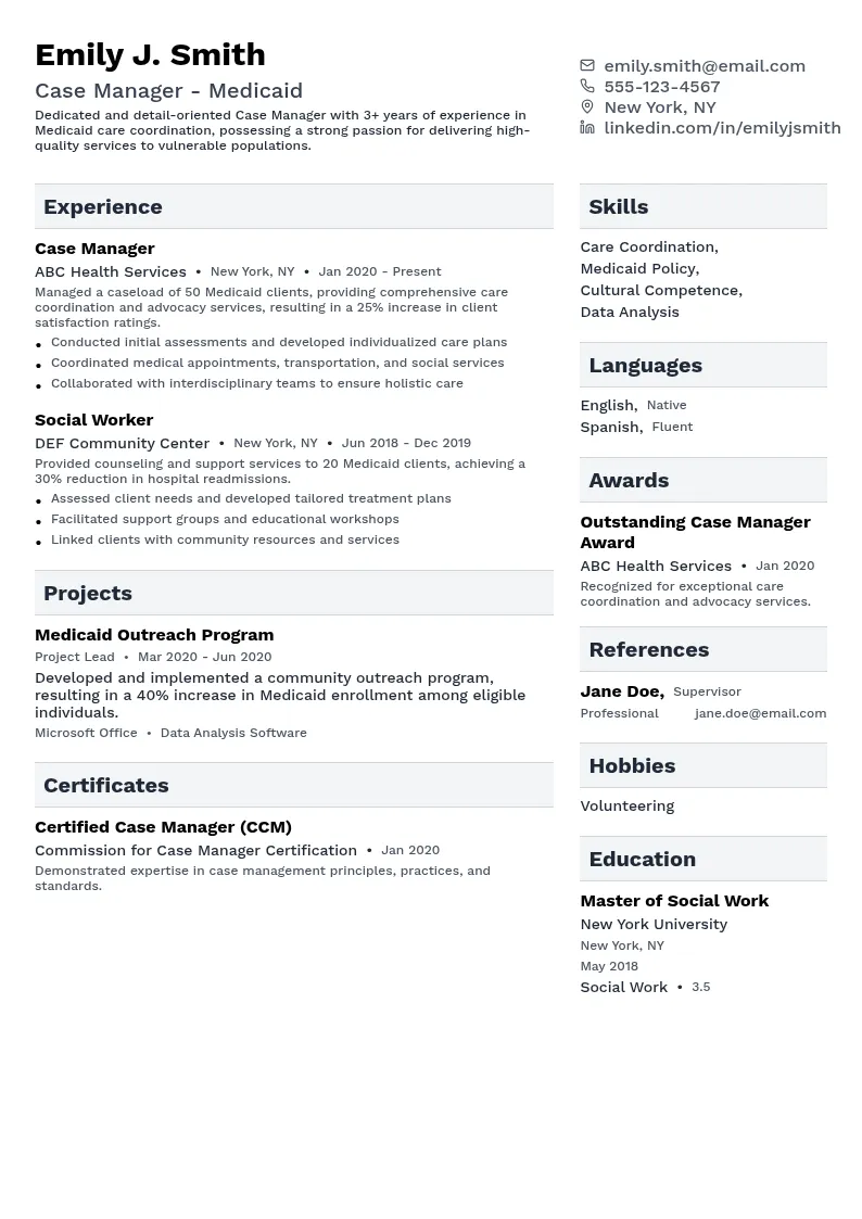 Case Manager - Medicaid resume example
