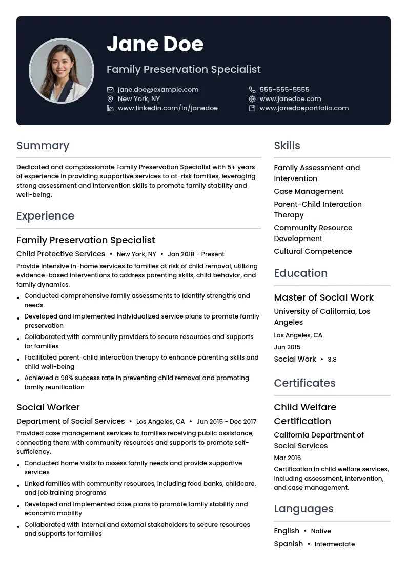 Family Preservation Specialist resume example