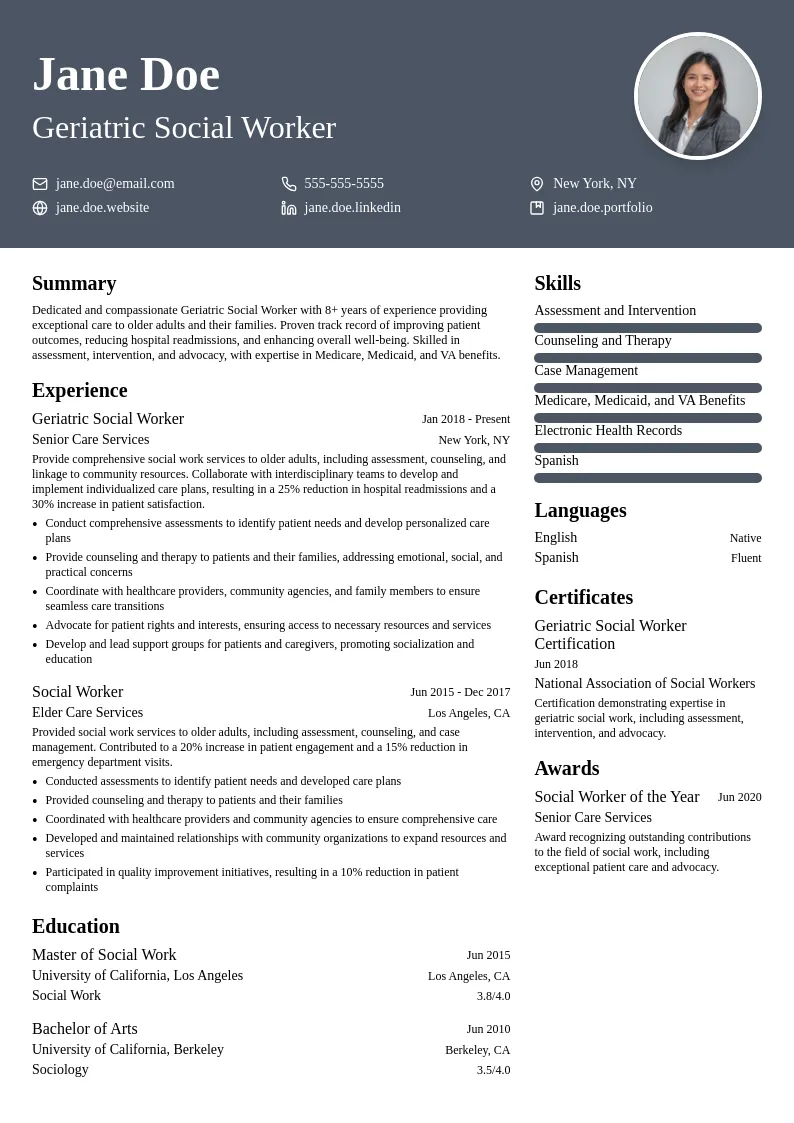 Geriatric Social Worker resume example