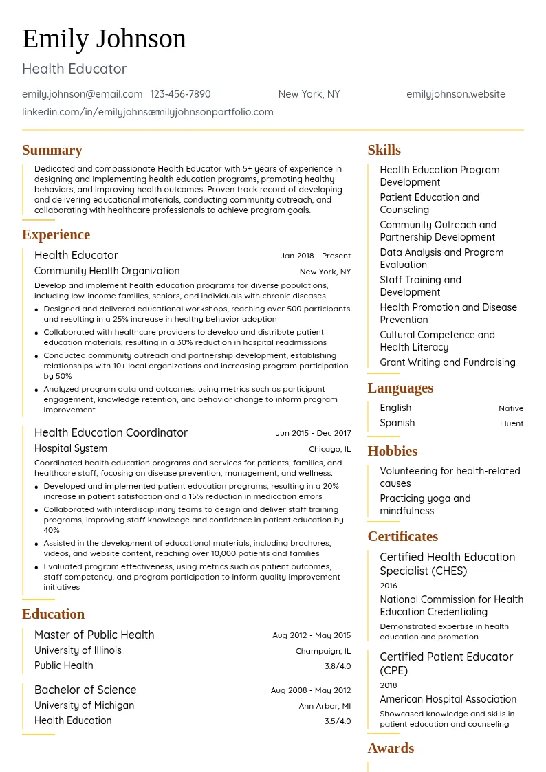 Health Educator resume example