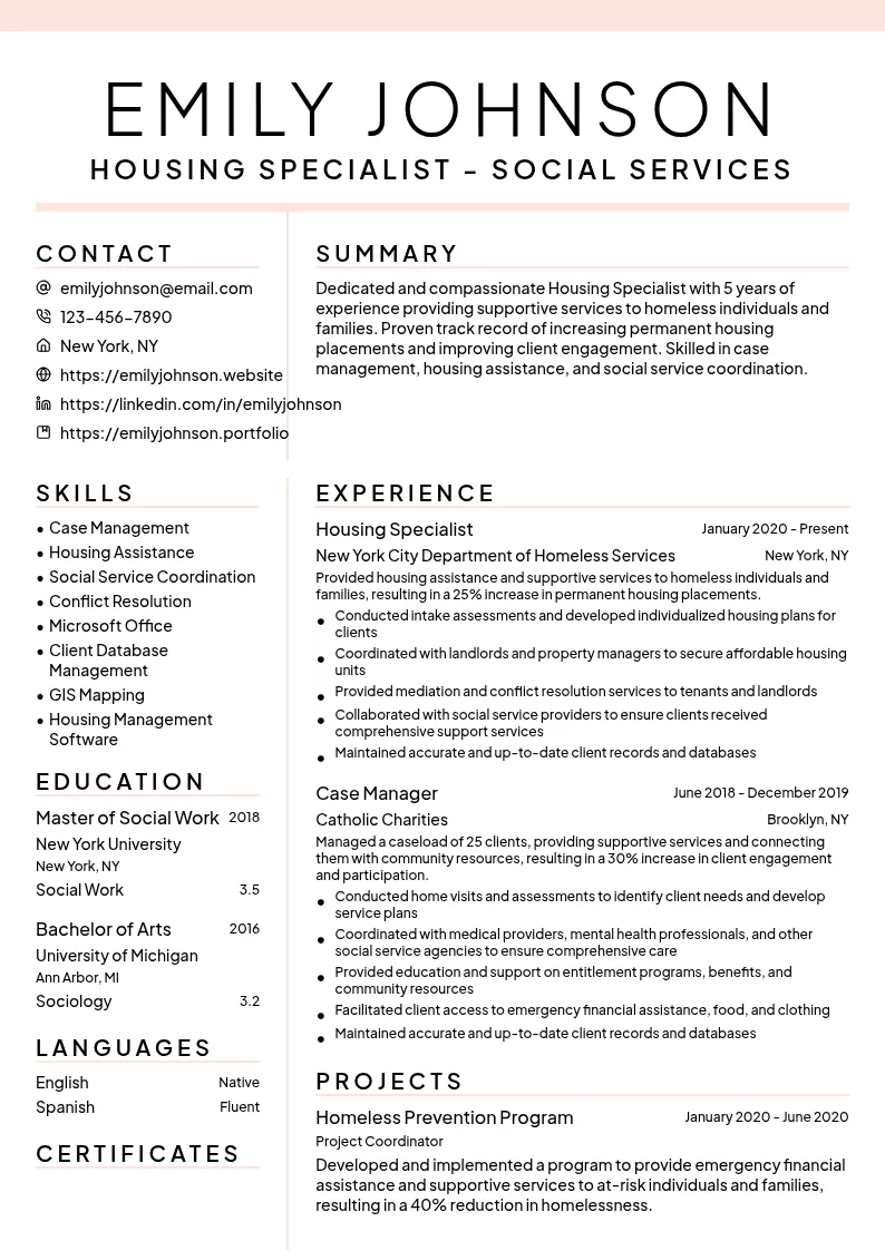 Housing Specialist - Social Services resume example