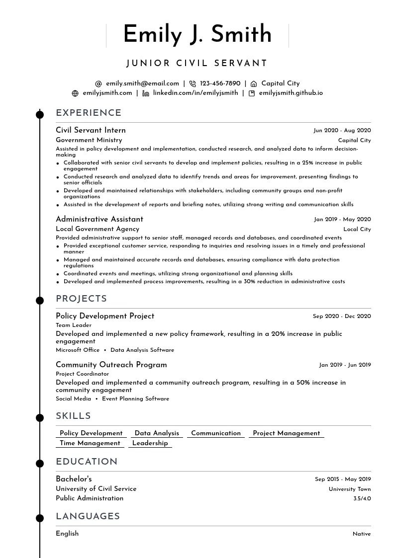 Junior Civil Servant resume example