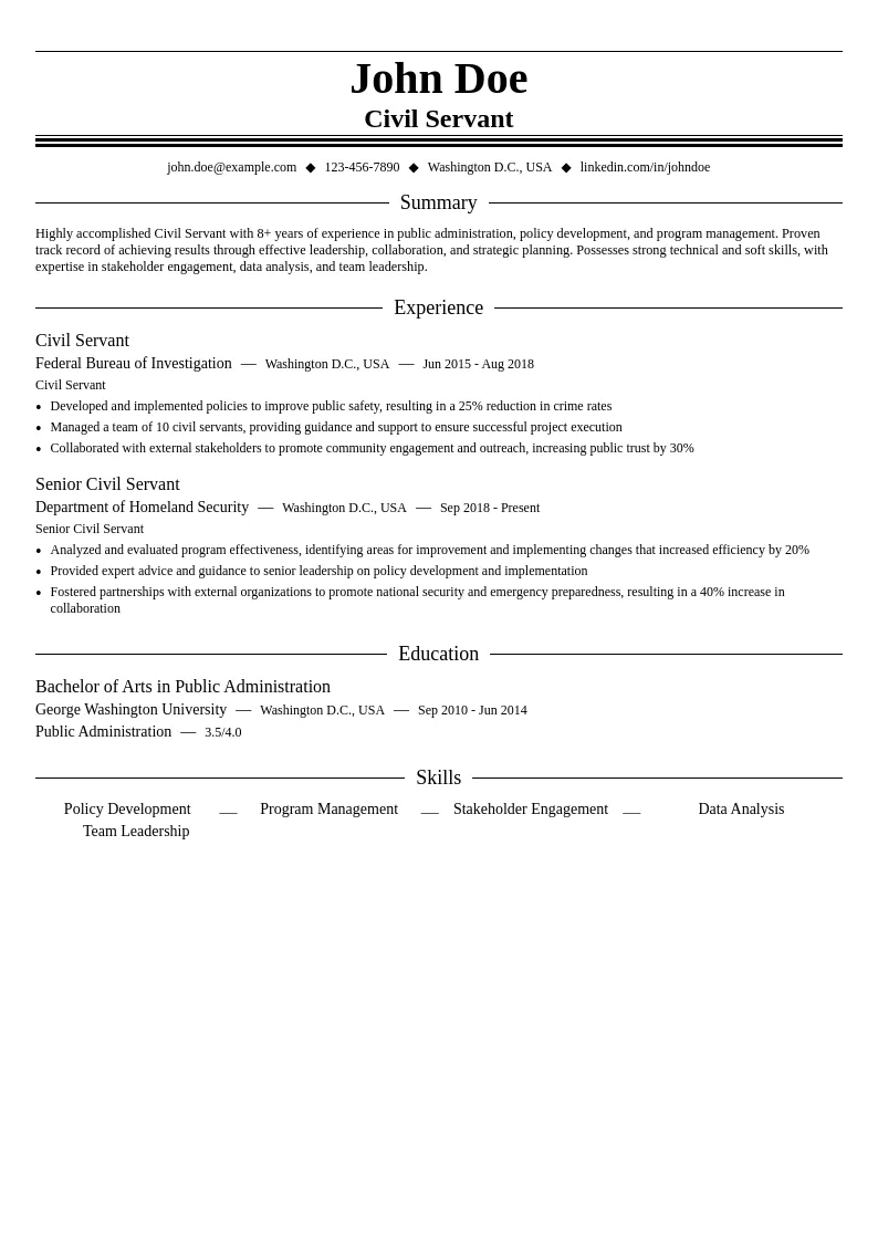 Civil Servant resume example