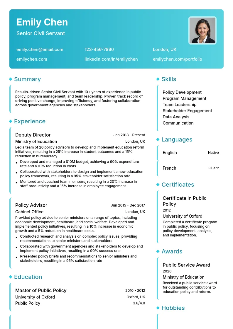 Senior Civil Servant resume example