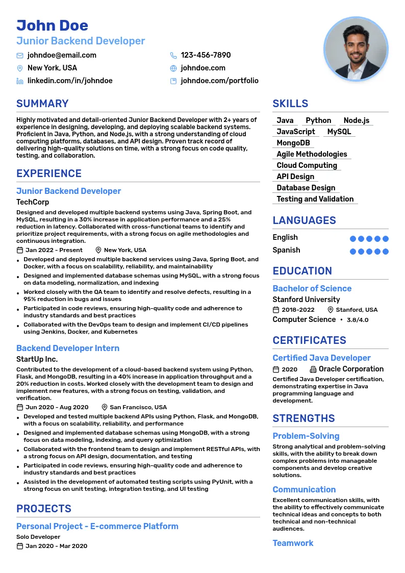 Junior Backend Developer resume example