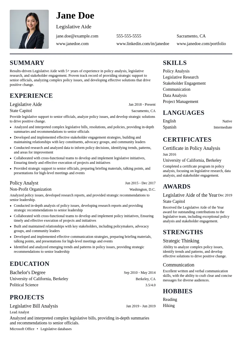 Legislative Aide resume example
