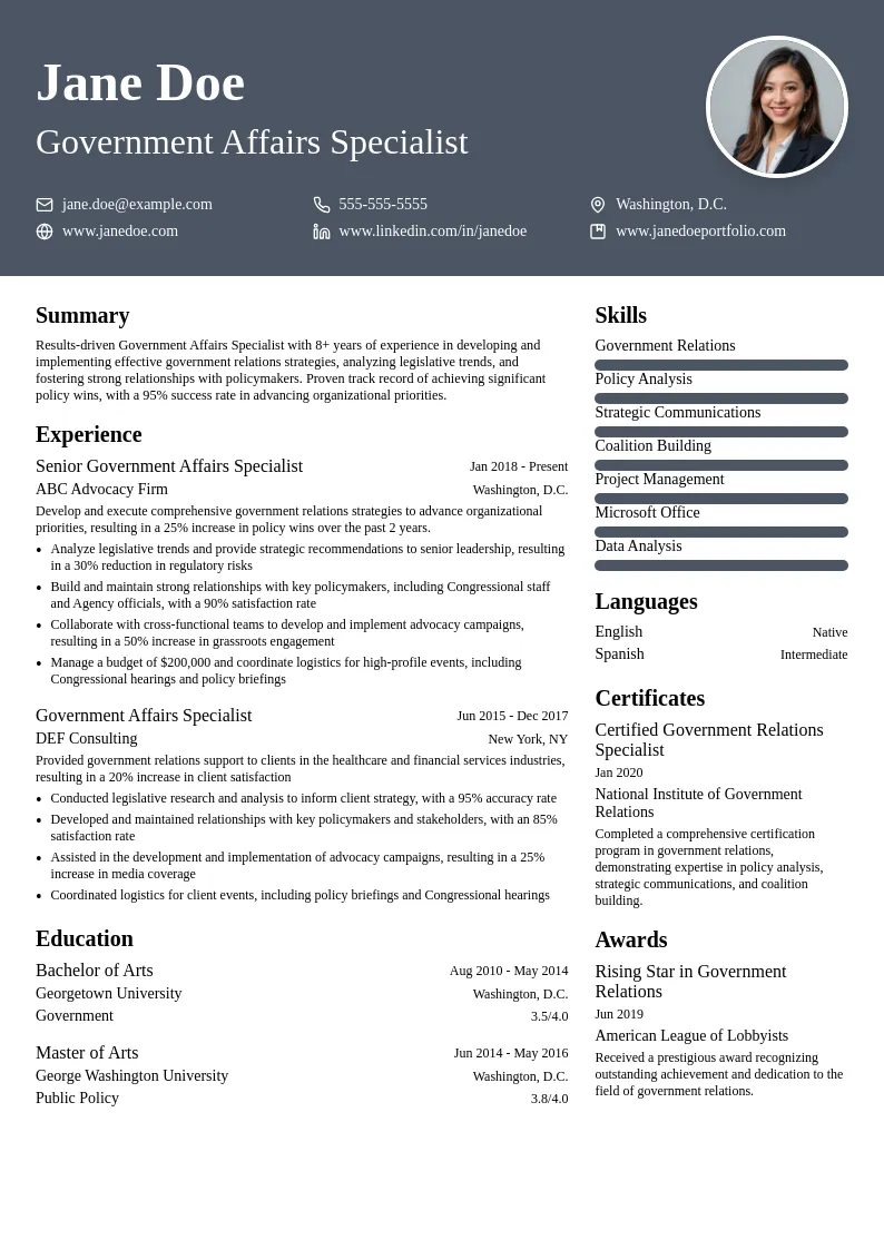 Government Affairs Specialist resume example