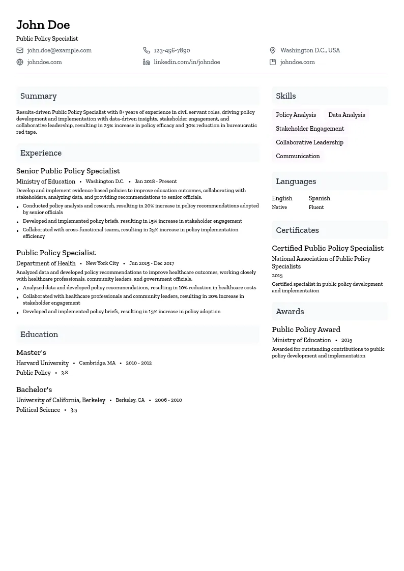 Public Policy Specialist resume example