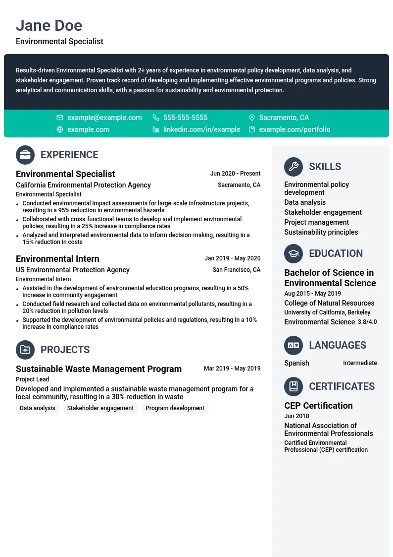 Environmental Specialist resume example