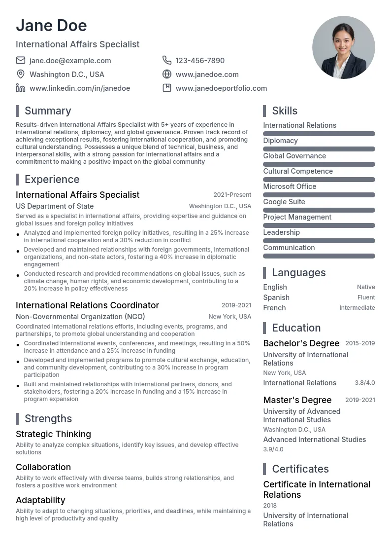 International Affairs Specialist resume example