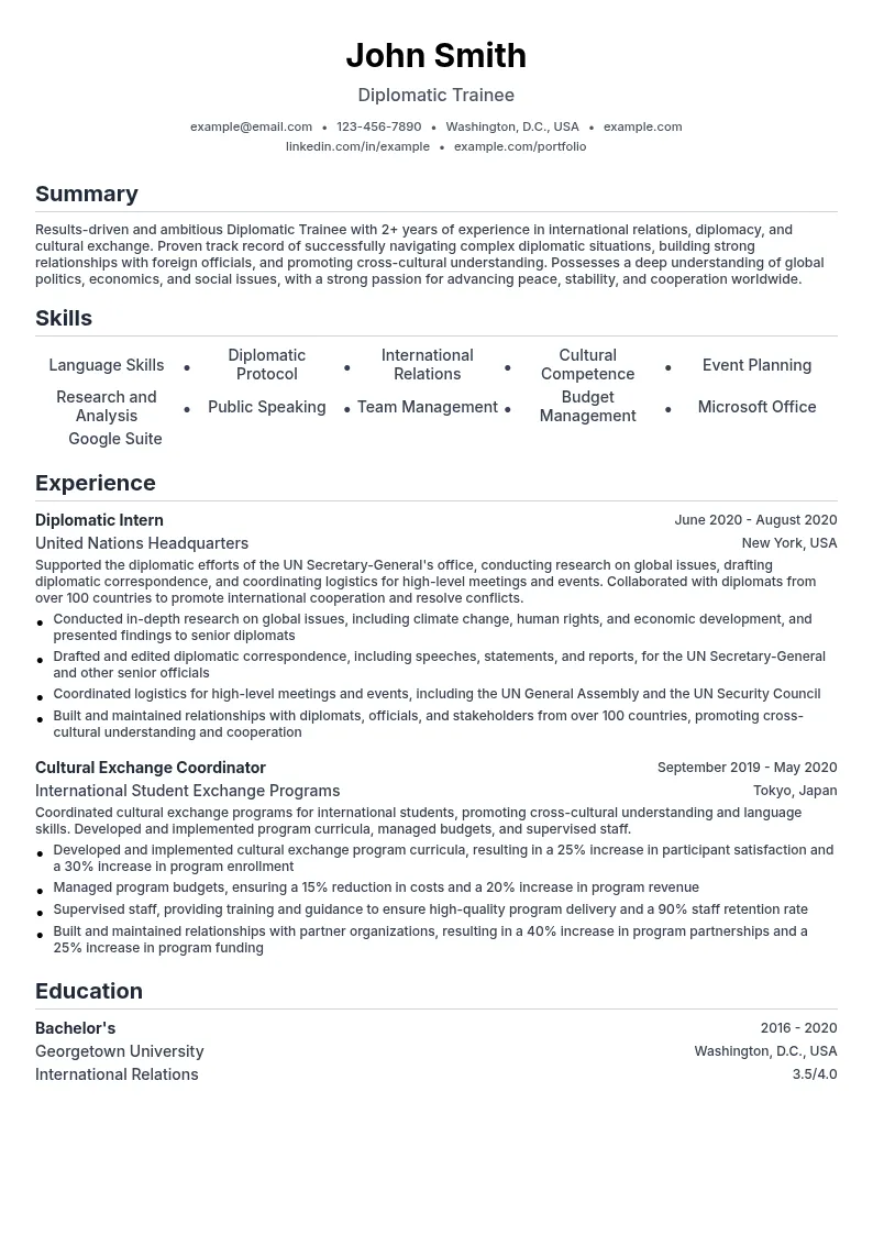 Diplomatic Trainee resume example