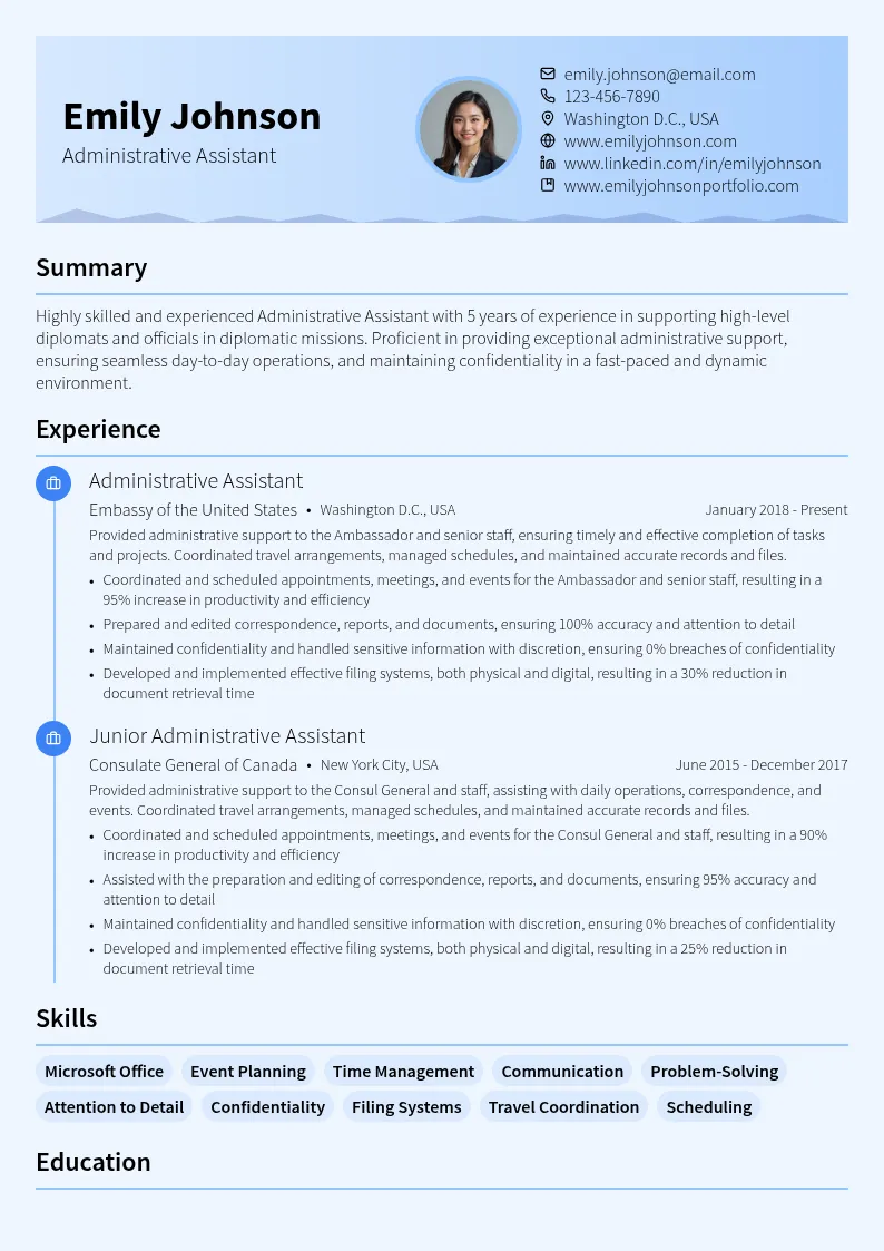 Administrative Assistant (Diplomatic Mission) resume example