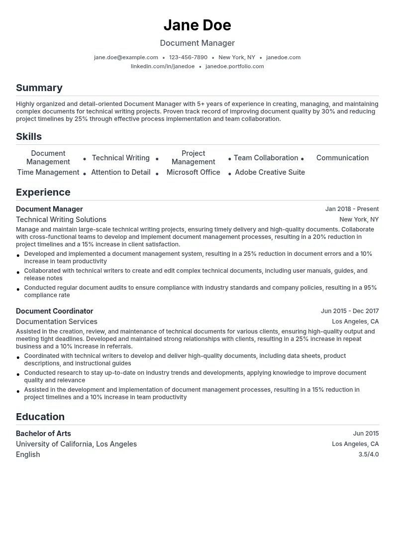 Document Manager resume example