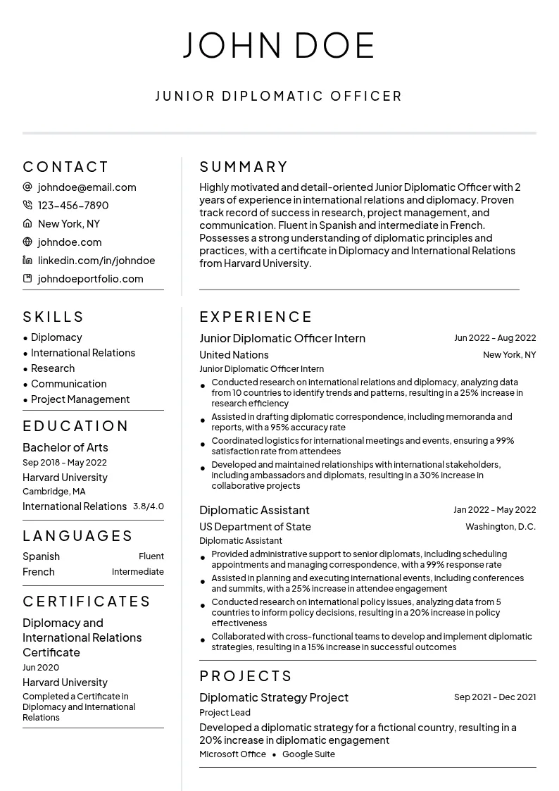 Junior Diplomatic Officer resume example