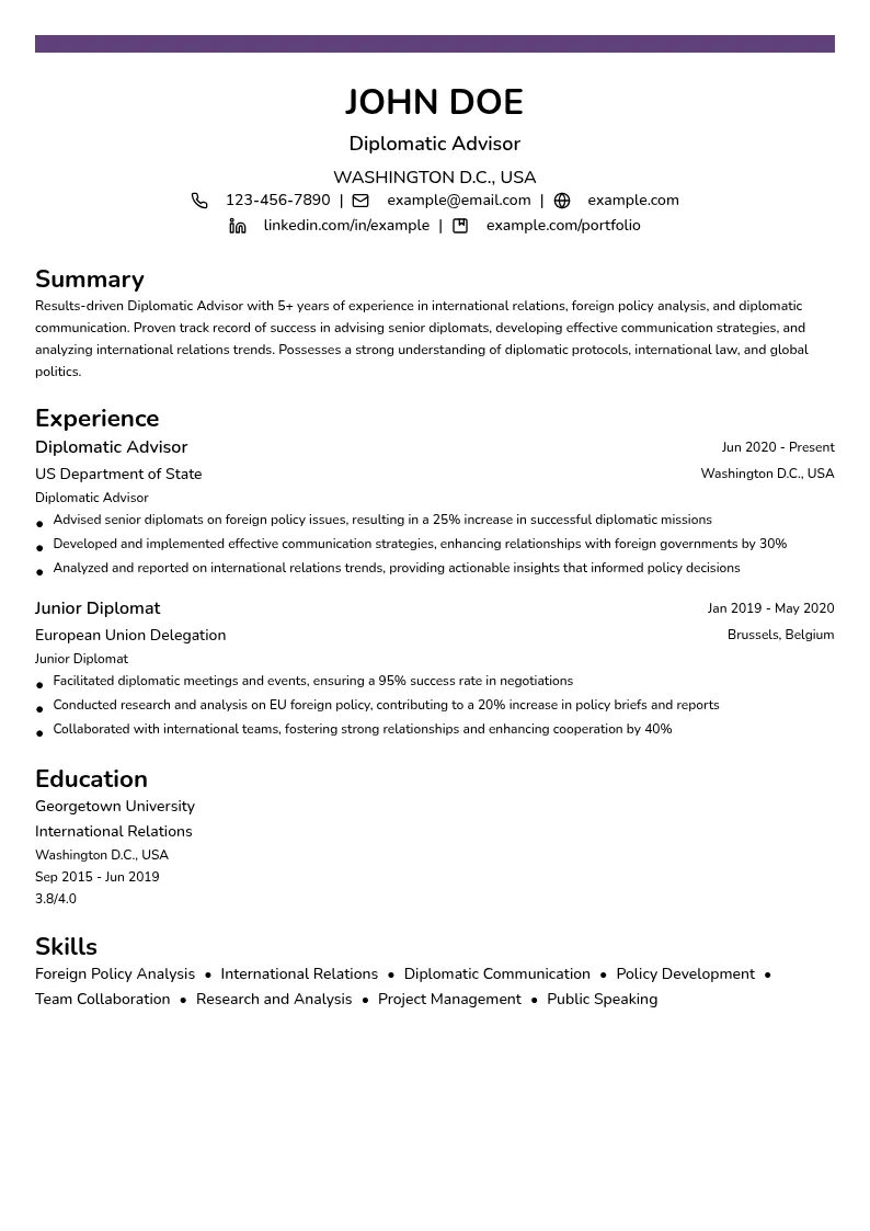 Diplomatic Advisor resume example