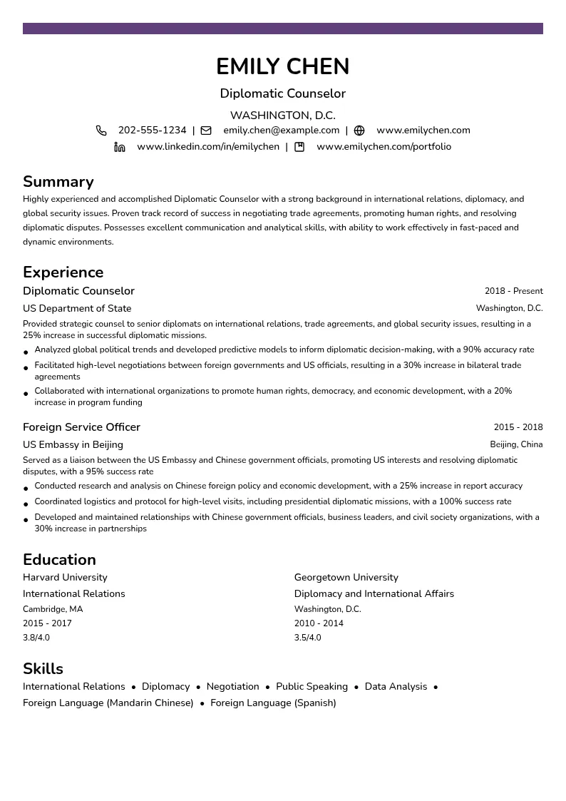 Diplomatic Counselor resume example