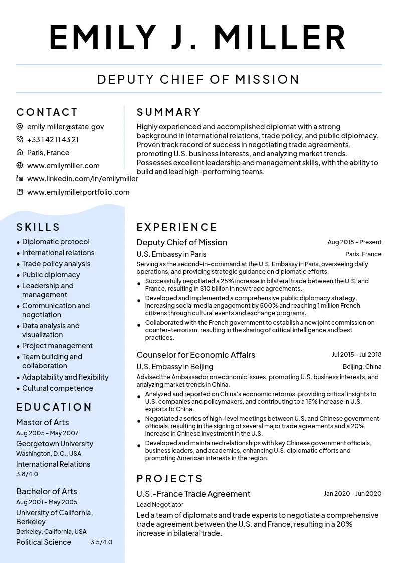 Deputy Chief of Mission resume example