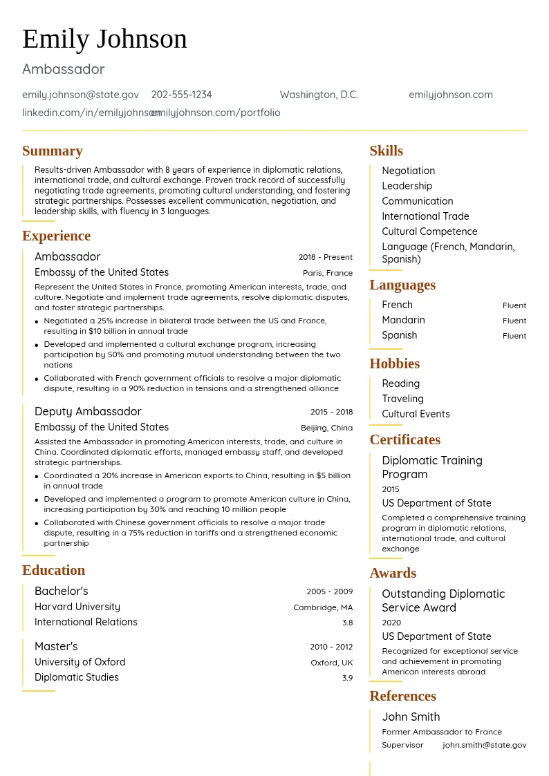 Ambassador resume example