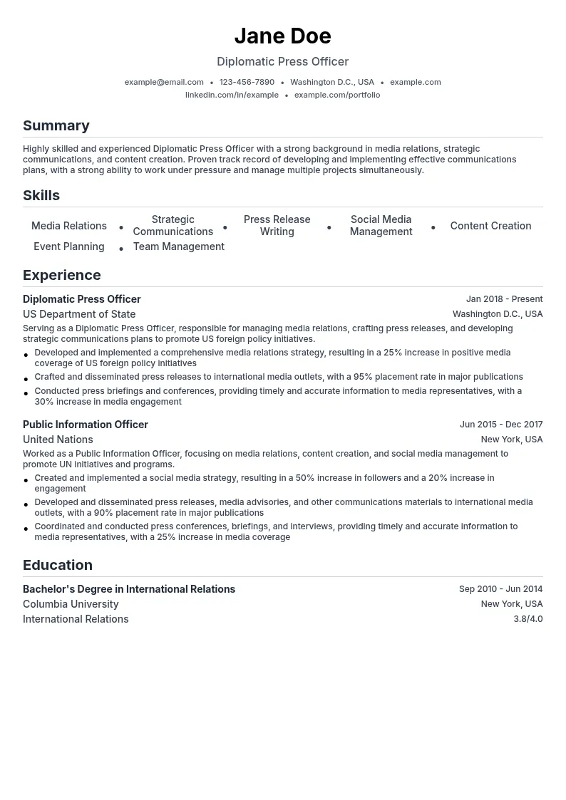 Diplomatic Press Officer resume example