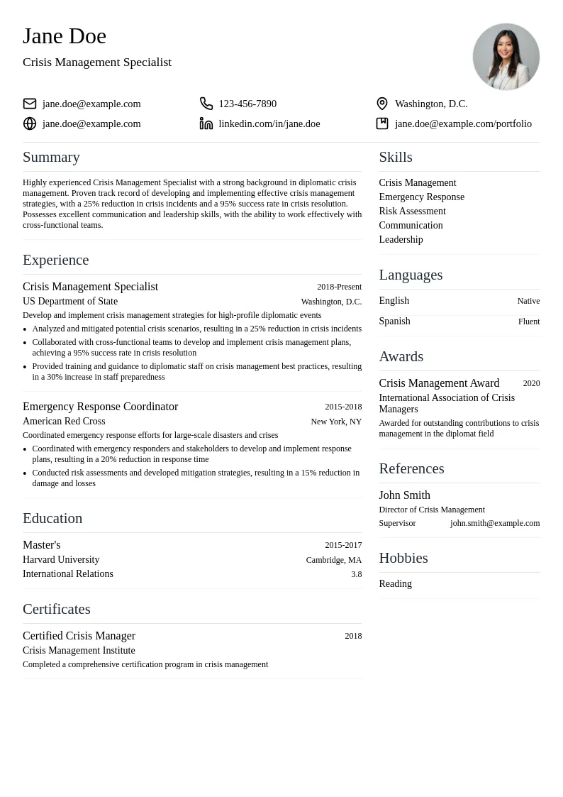 Crisis Management Specialist resume example