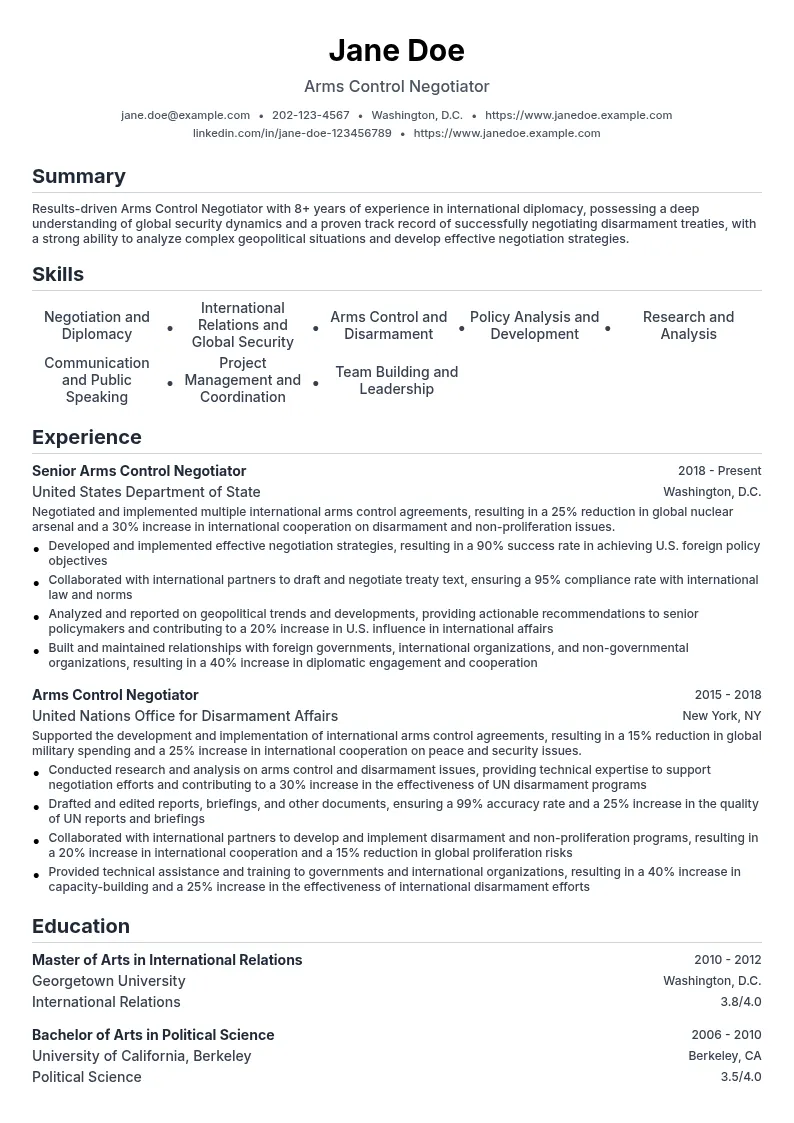 Arms Control Negotiator resume example