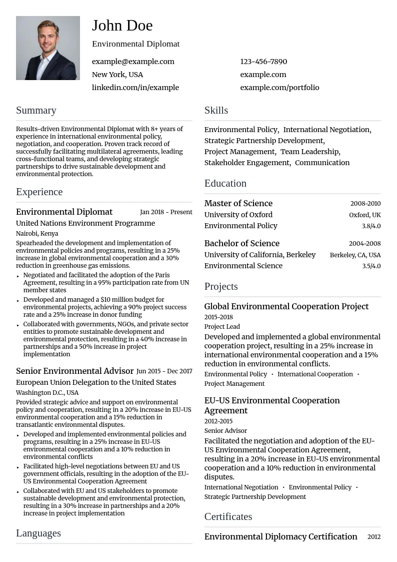 Environmental Diplomat resume example