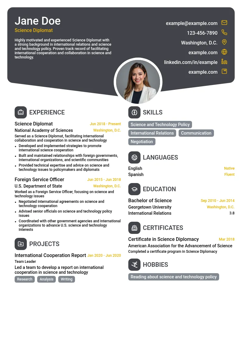 Science Diplomat resume example