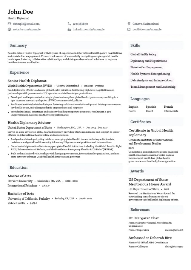 Health Diplomat resume example