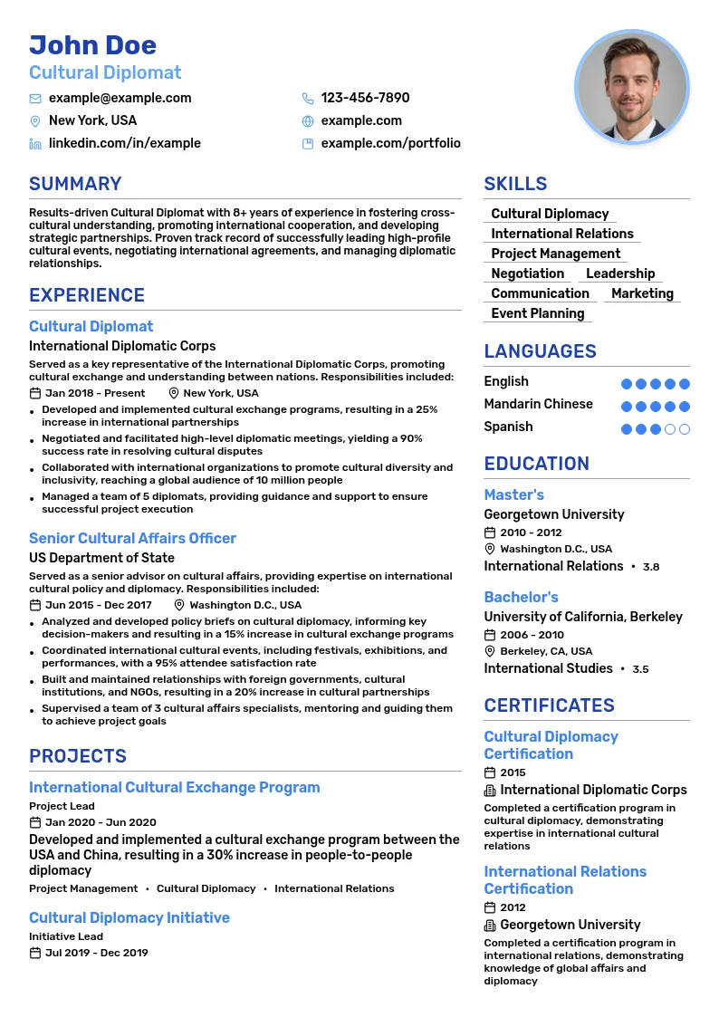Cultural Diplomat resume example