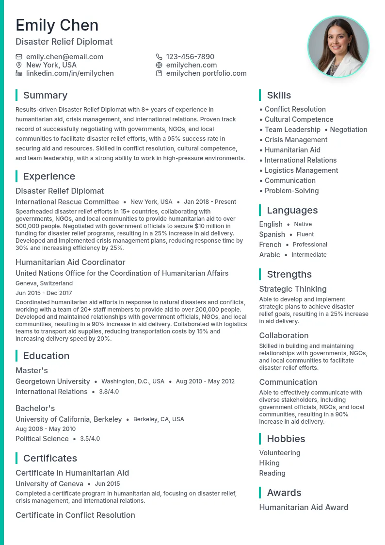 Disaster Relief Diplomat resume example