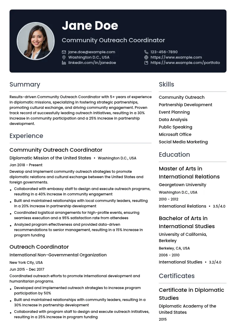 Community Outreach Coordinator (Diplomatic Mission) resume example