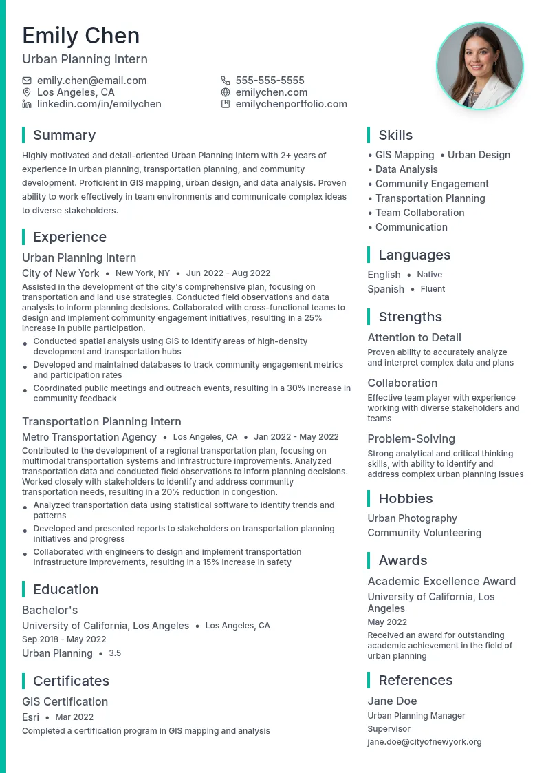 Urban Planning Intern resume example