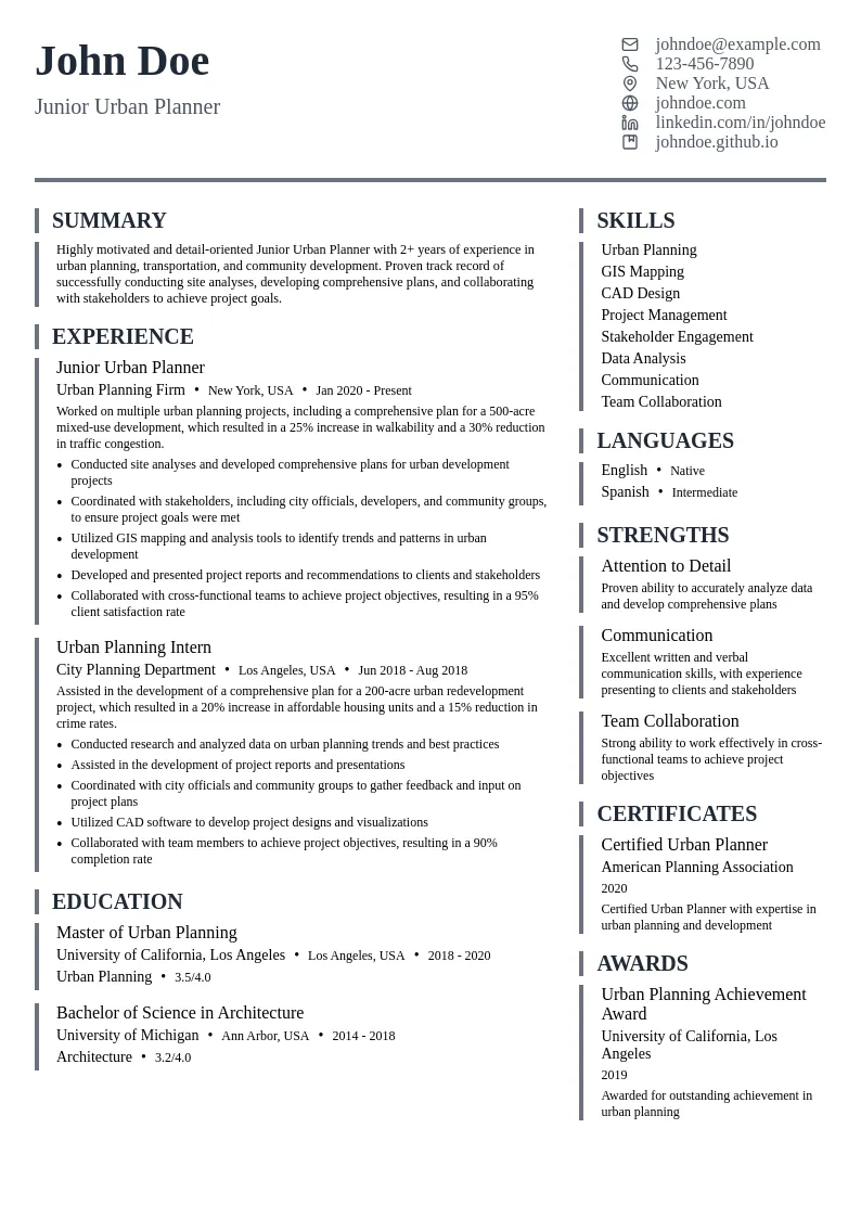 Junior Urban Planner resume example