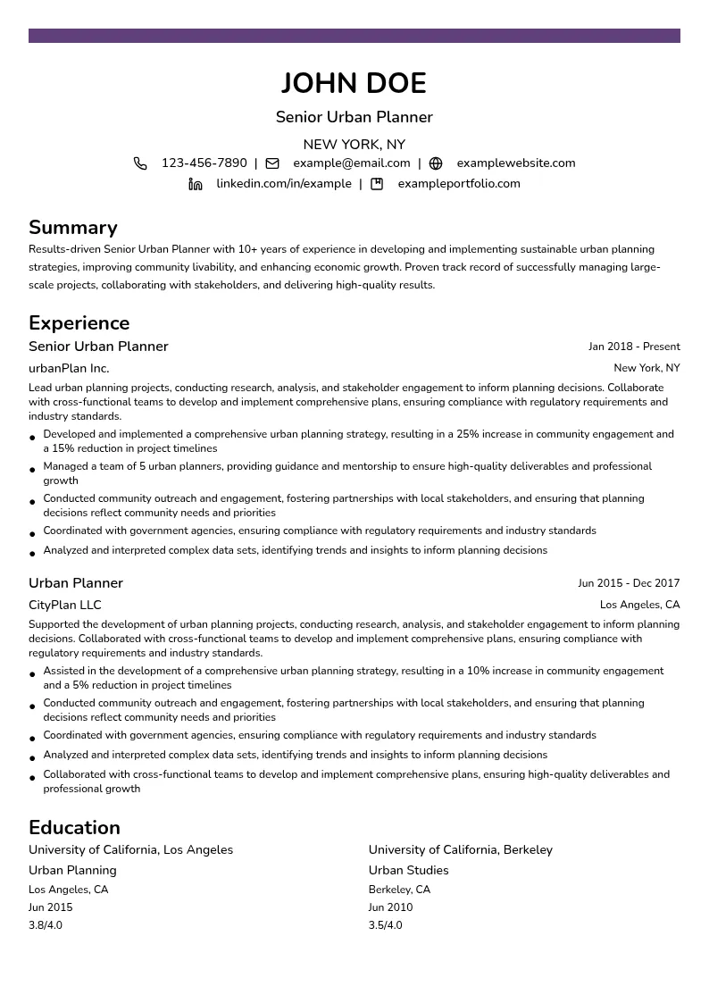 Senior Urban Planner resume example