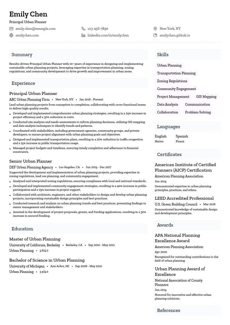 Principal Urban Planner resume example