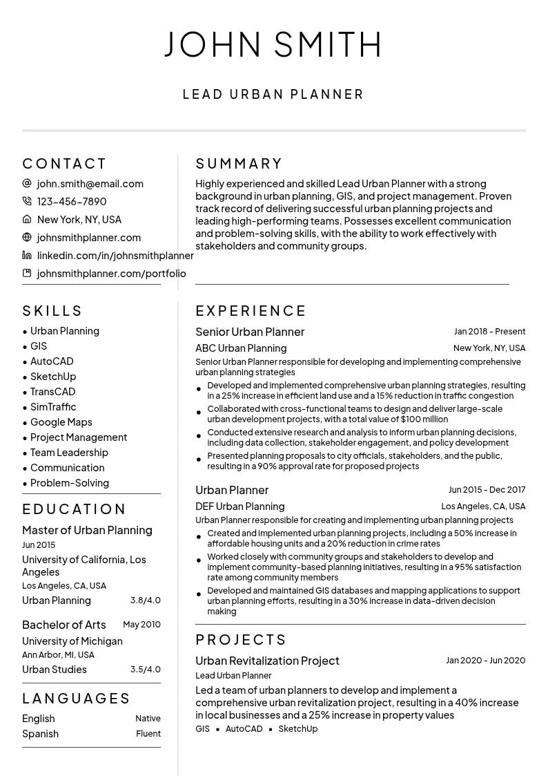 Lead Urban Planner resume example