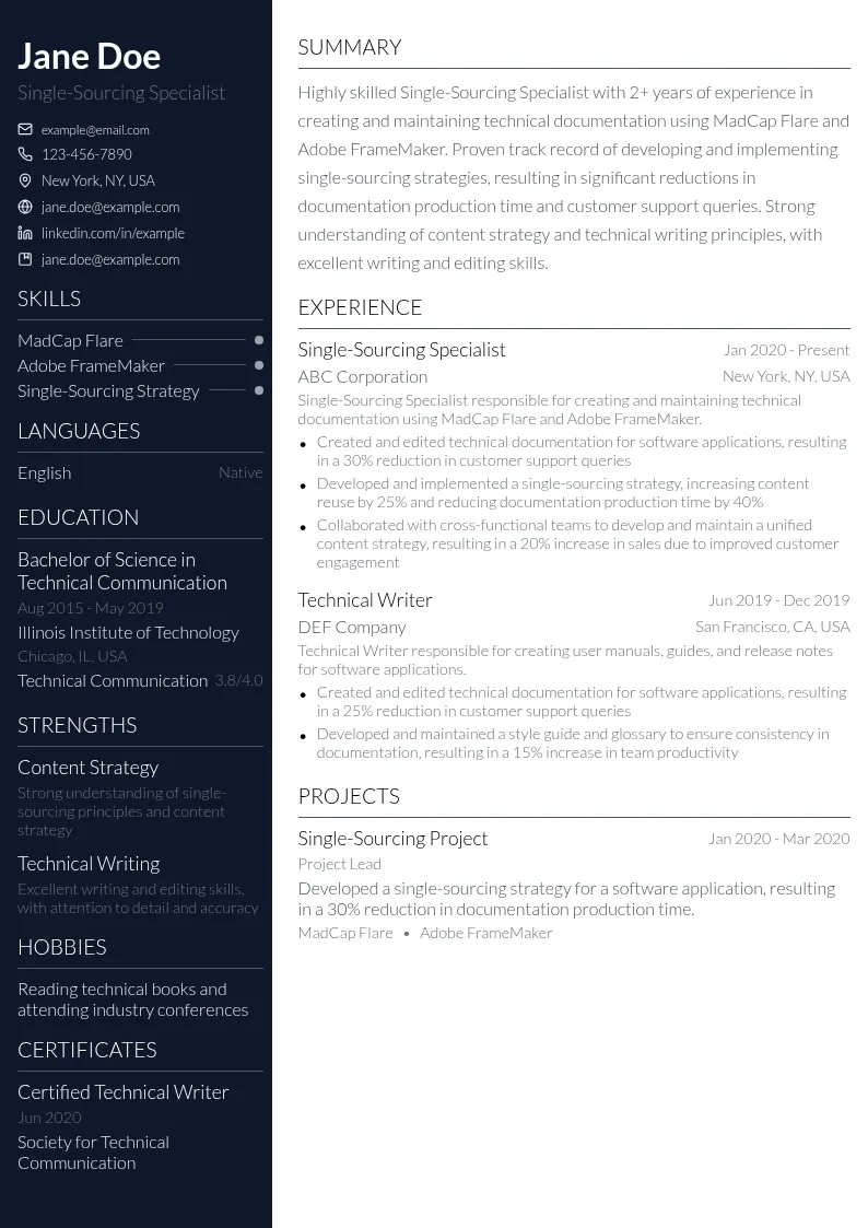 Single-Sourcing Specialist resume example
