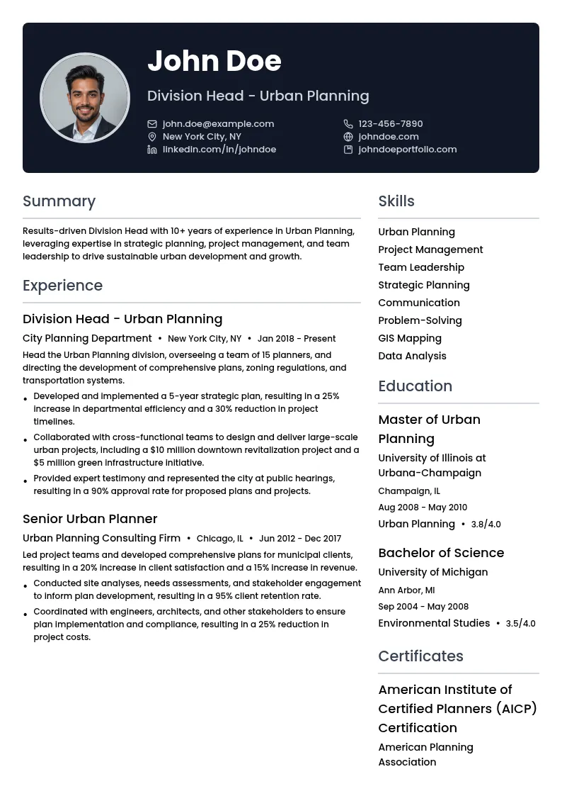 Division Head - Urban Planning resume example