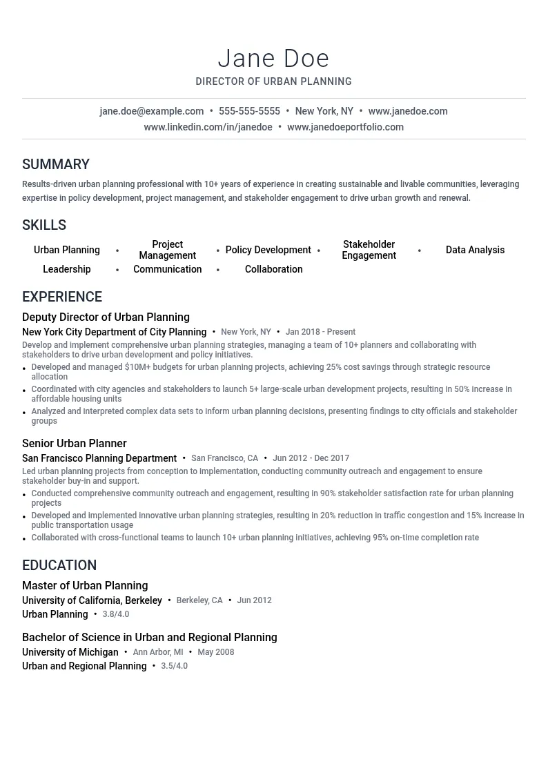 Director of Urban Planning resume example
