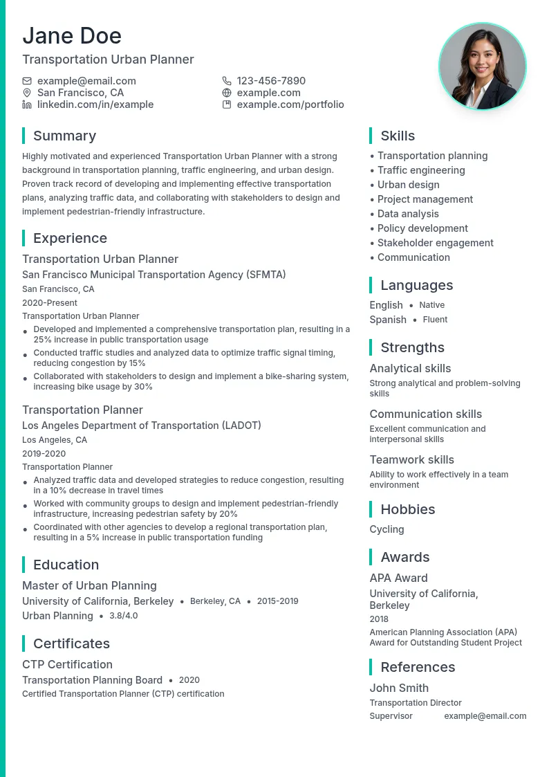 Transportation Urban Planner resume example