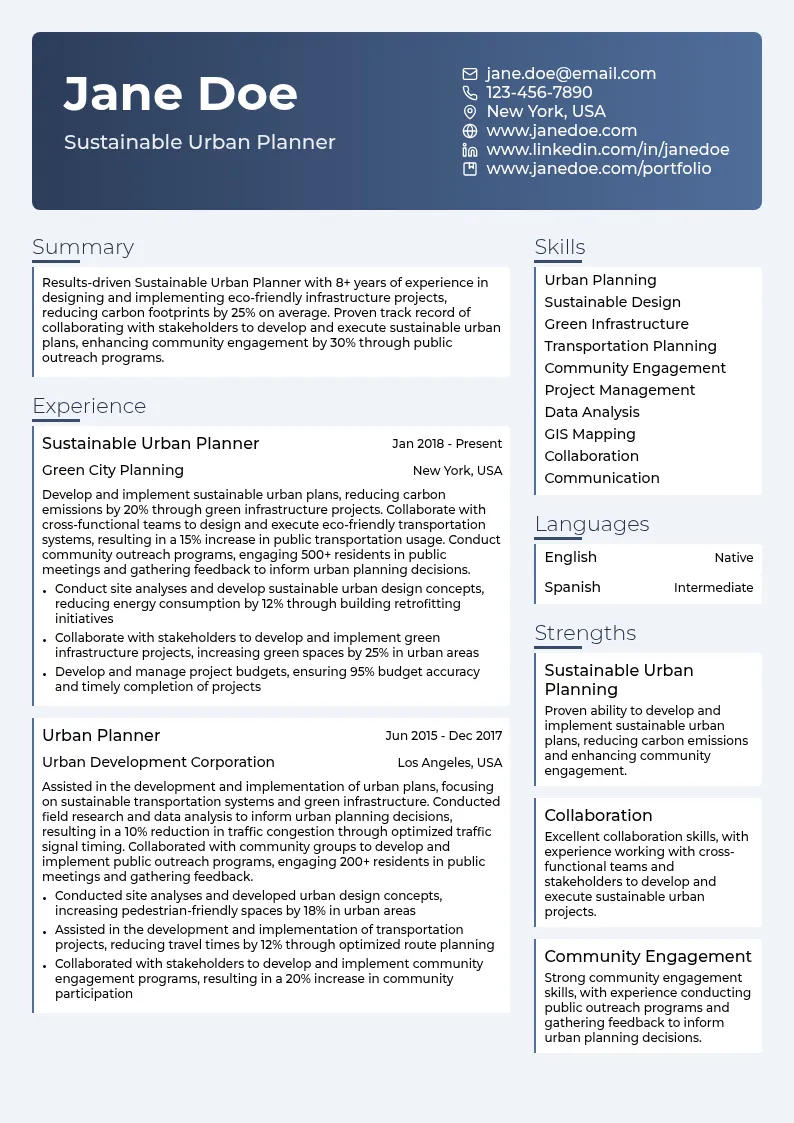 Sustainable Urban Planner resume example